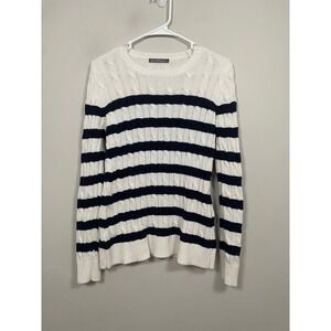 Alashan Navy and White Cotton Cashmere Cable Knit Striped Sweater Size Medium‎